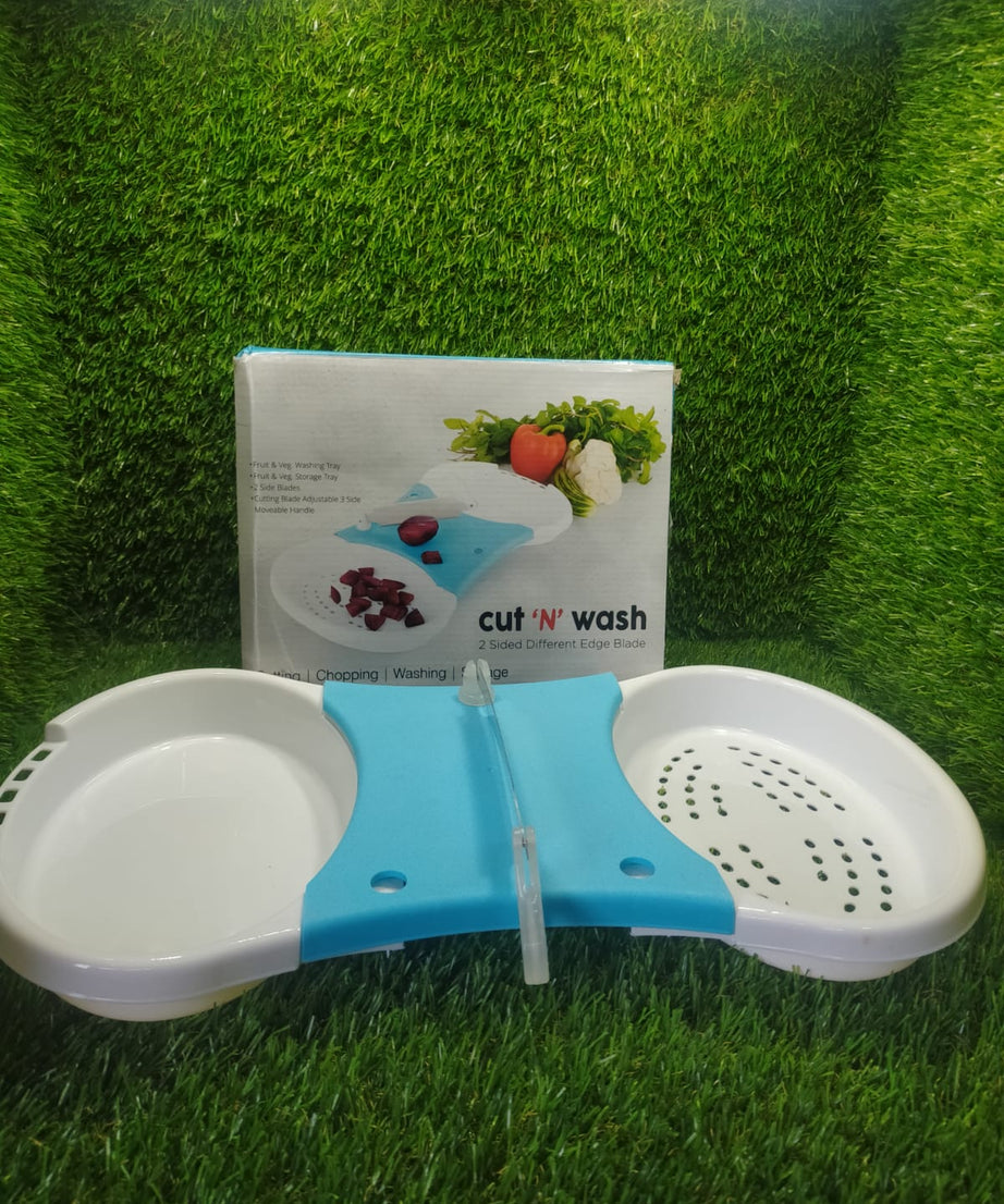 Dual-function cut and wash tool for simplifying fruit and veggie prep.