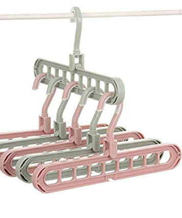 View of plastic hangers with nine holes and anti-slip feature.