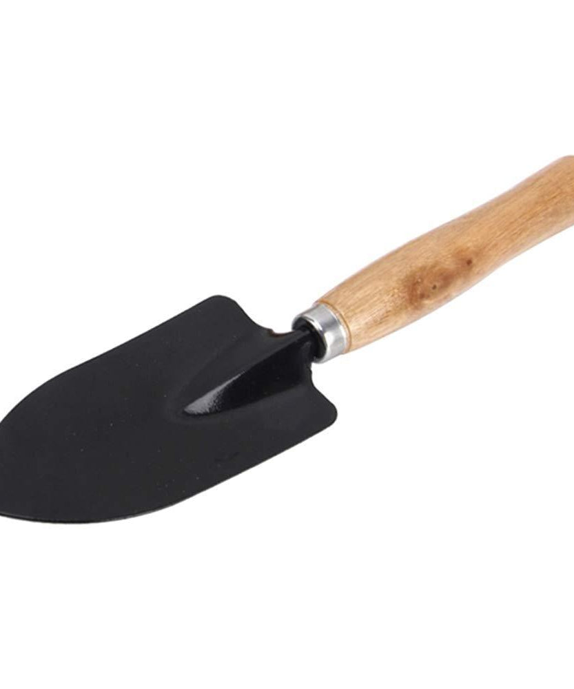 Black handle steel hand trowel for digging.