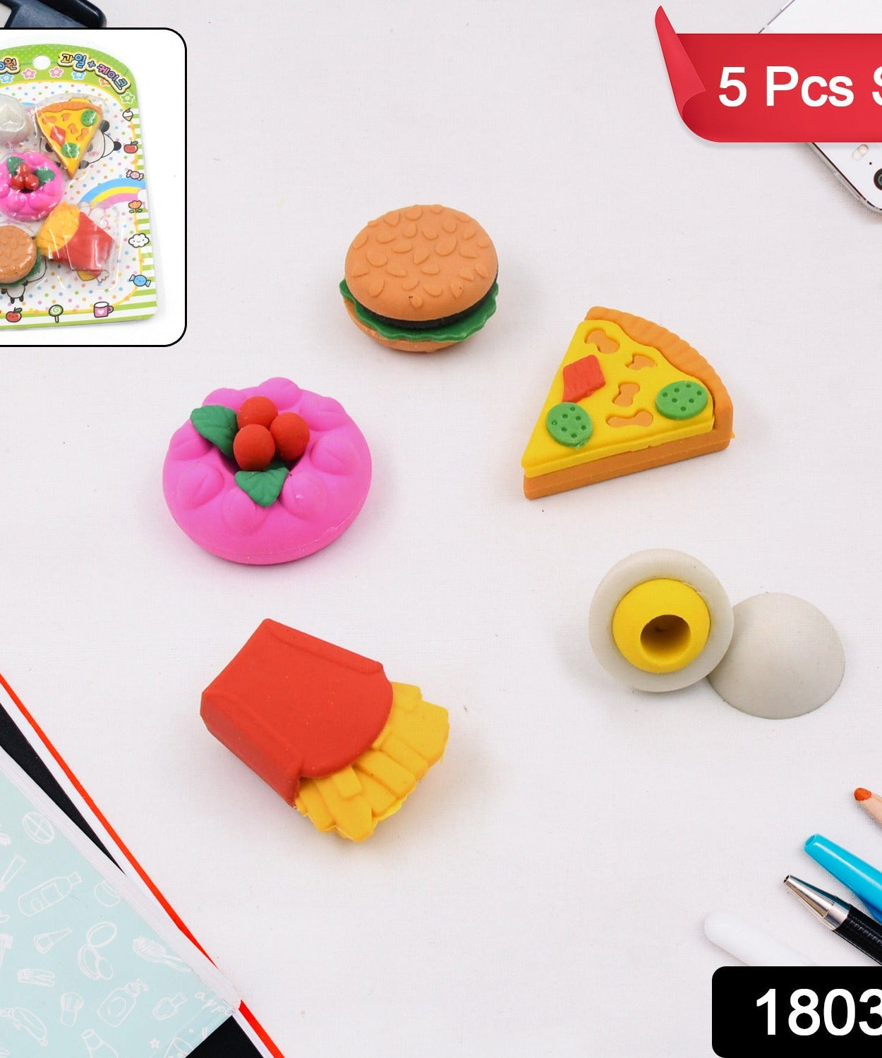 3D Food-Shaped Colorful Eraser Set – Cute Novelty Mini Erasers for Kids (5 Pc Set)