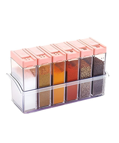 Multicoloured plastic spice jars set of six