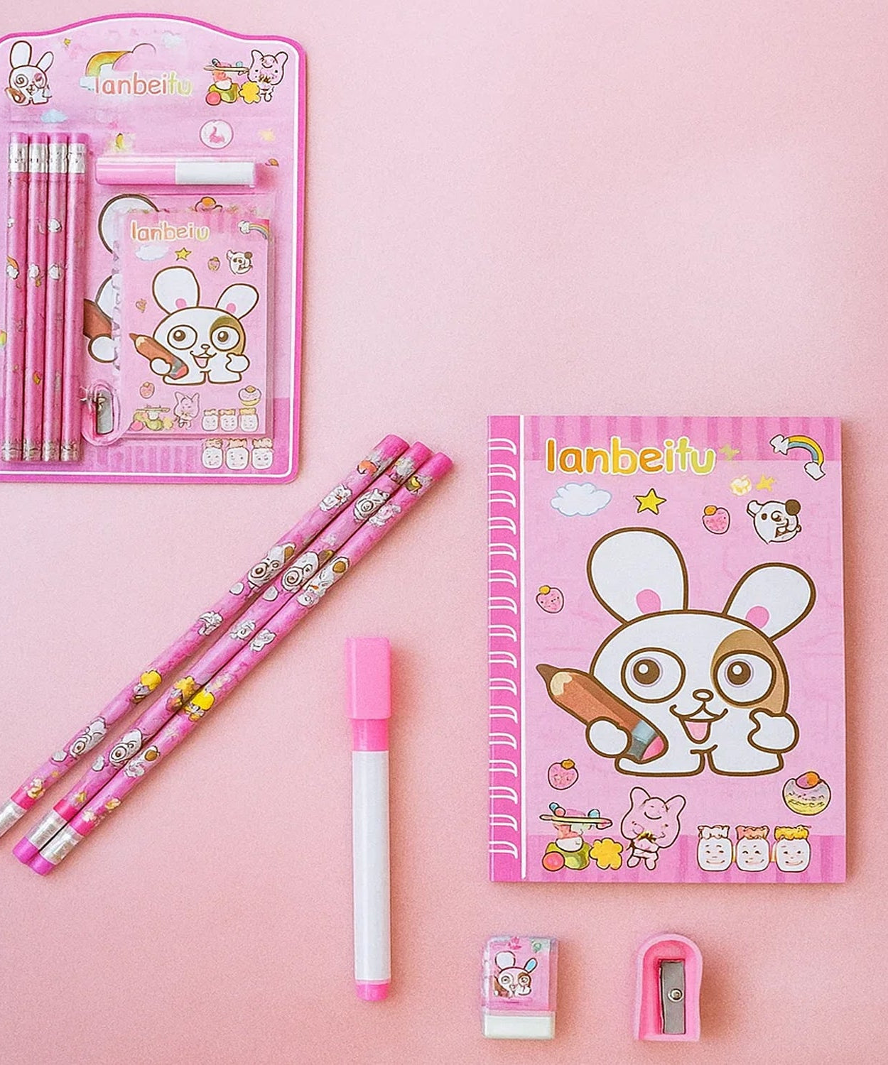 Kids' Stationery Kit: Wooden Pencils, Sharpener, Eraser, Diary (8 Pc Set)