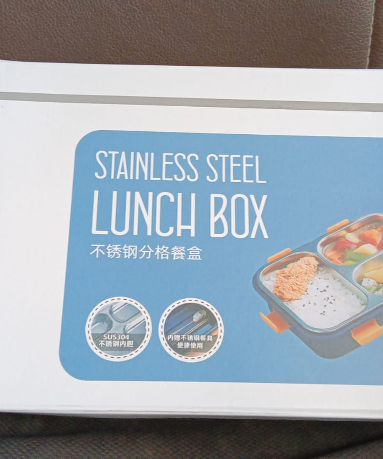 3 Compartment Transparent Stainless Steel Lunch Box with a Spoon and a Pair of Chopsticks (1 Set)