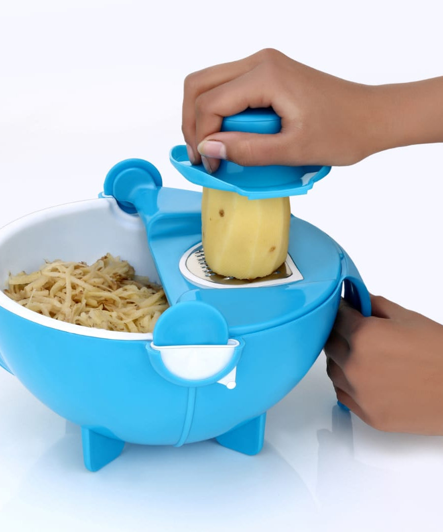 Vegetable cutter with rotating drain basket and slicer options.