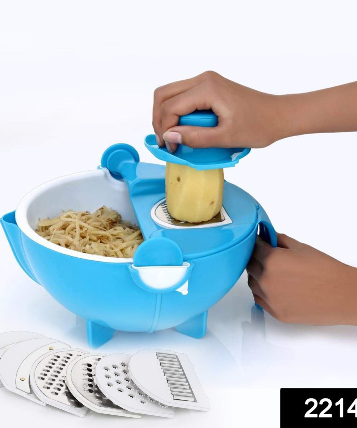 Vegetable cutter with rotating basket and multiple blade options.