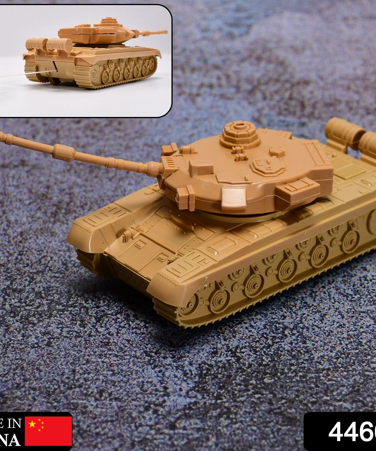 Army tank toy with pull back feature, close-up view