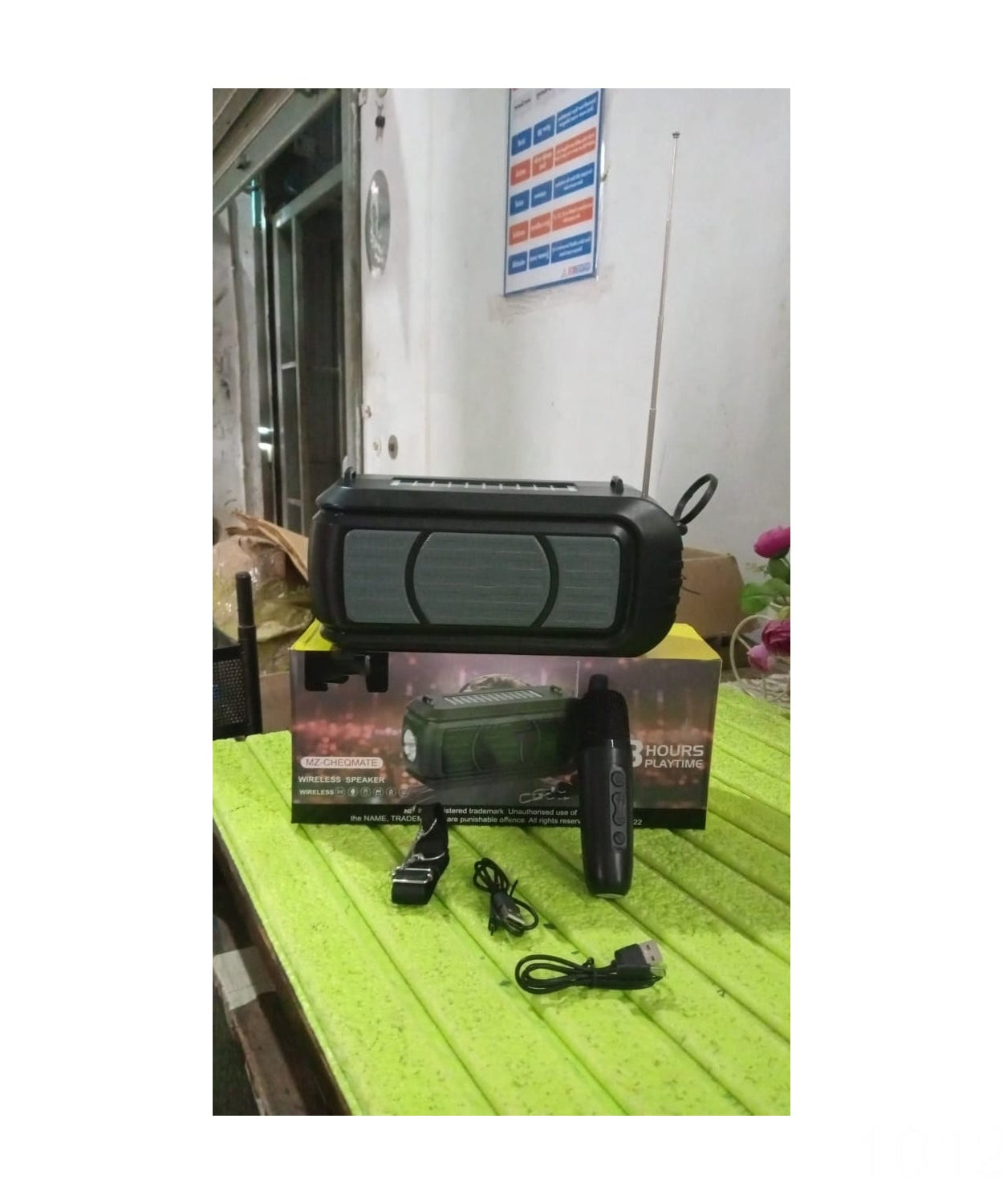 Wireless Bluetooth Speaker 5W High Bass with Wireless Mic / Microphone, LED Torch, Solar Charging, Support USB & Adjustable Strap (1 Set)