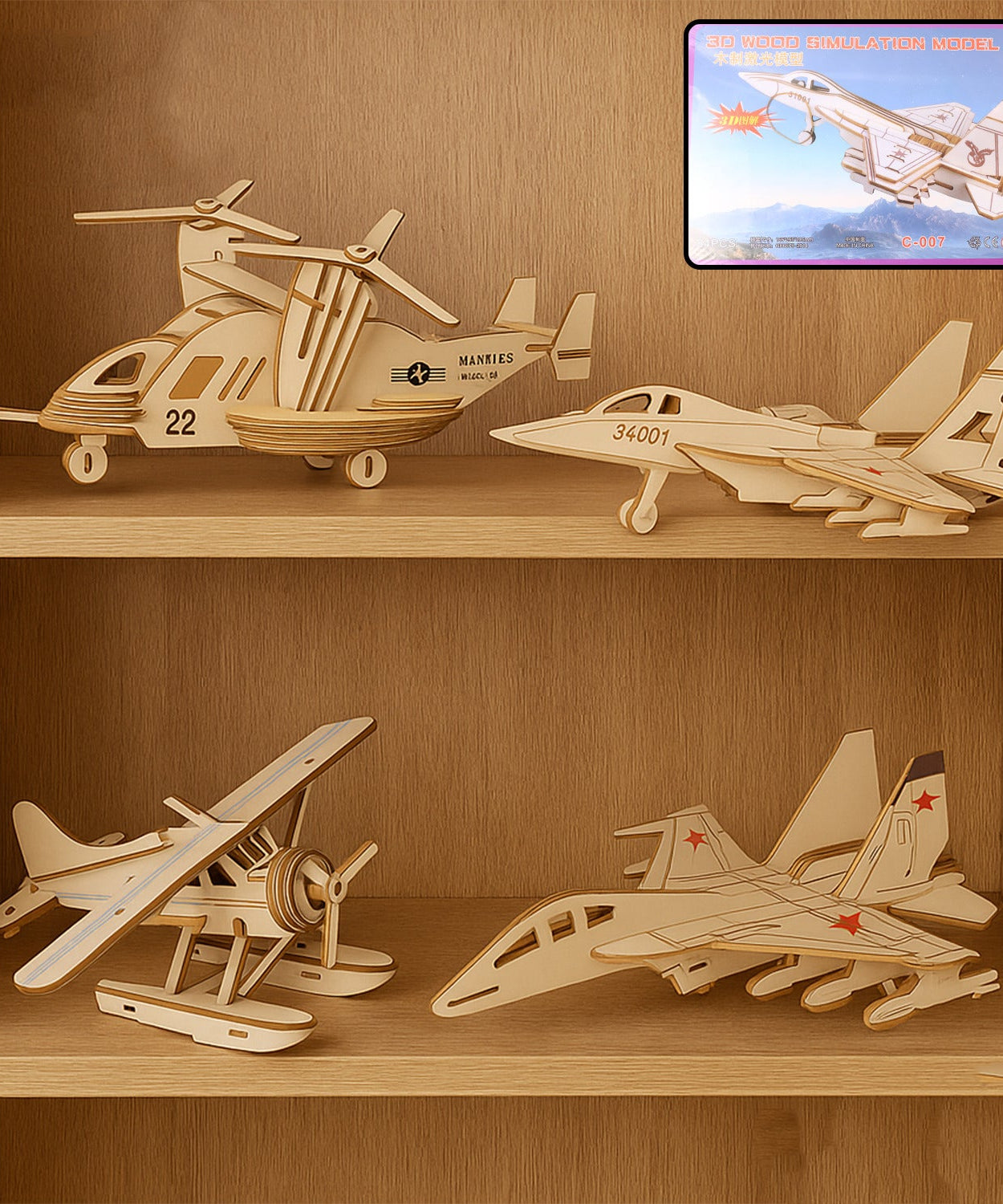 3D Wooden Aircraft Puzzle DIY Assembly Kit (Mix Design – 1 Set)