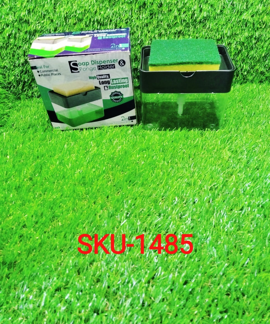 Functional soap dispenser with sponge holder.