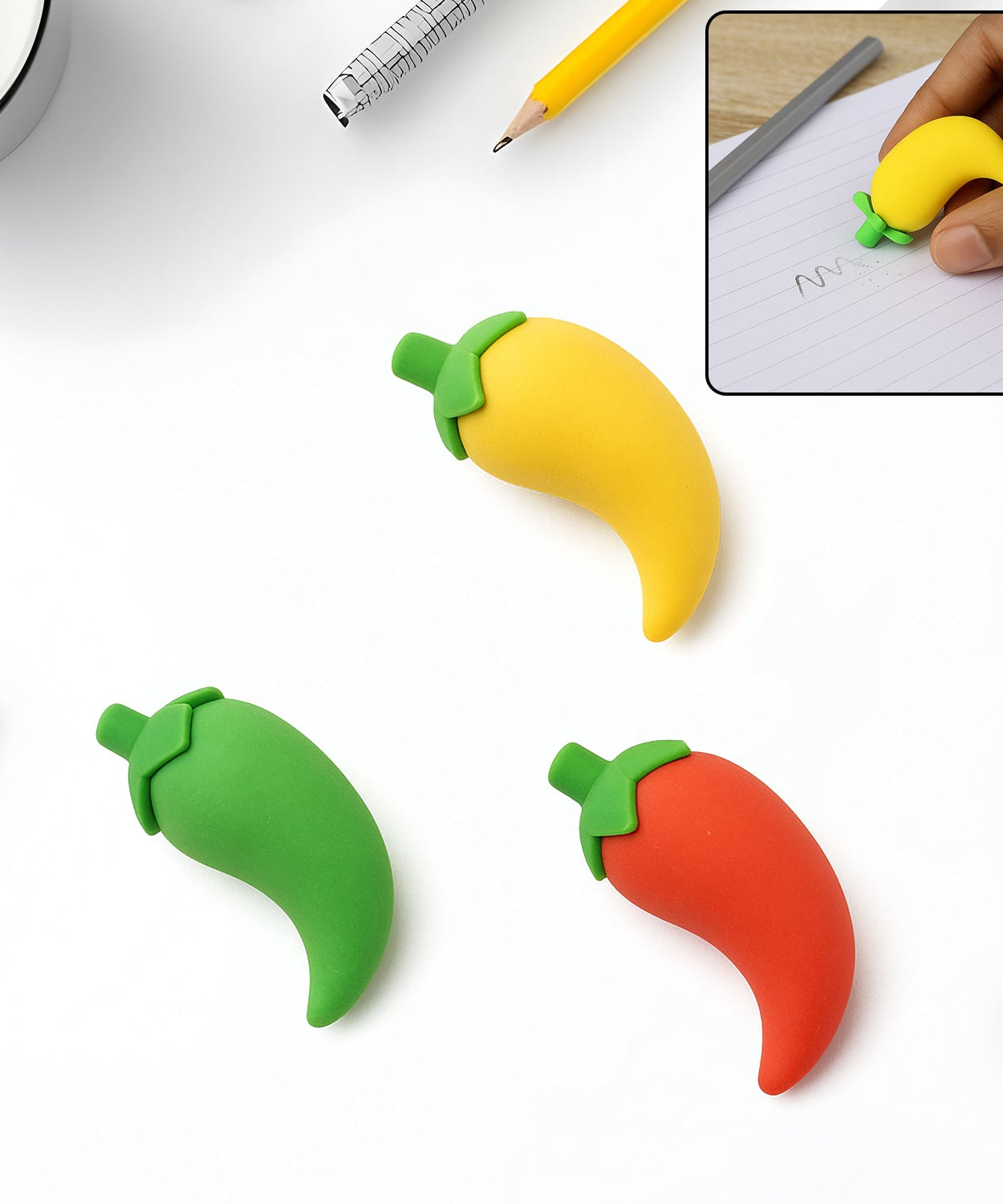 3D Fancy Colorful Chili Shape Erasers – Mini Novelty Eraser Set (3 Pc)