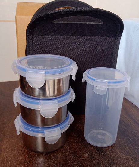 Compact Stainless Steel Airtight Lunch Box Set - 4 pcs (3 Leakproof Containers and 1 Bottle)