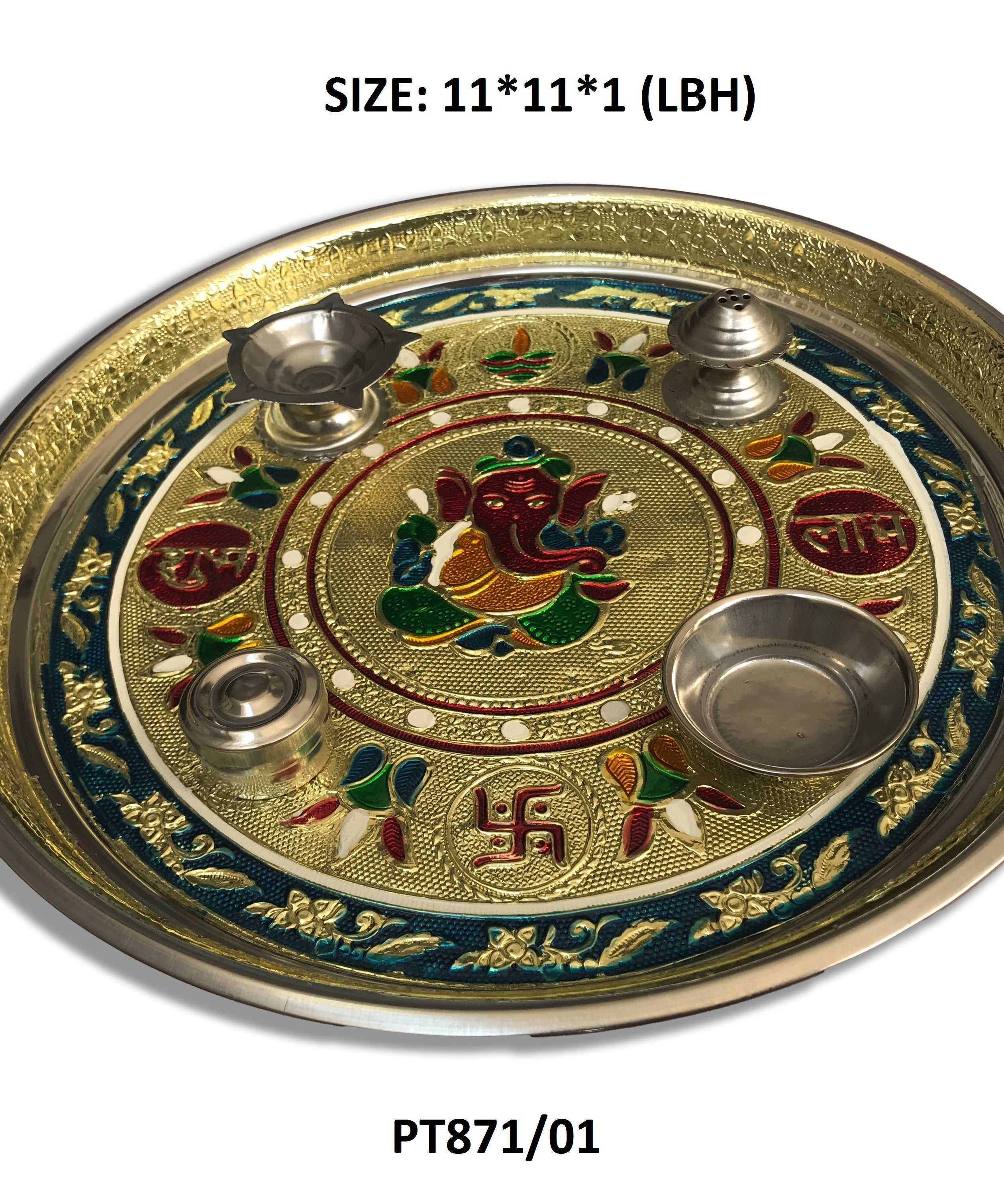 Pooja thali with colorful diamond and pearl decorations