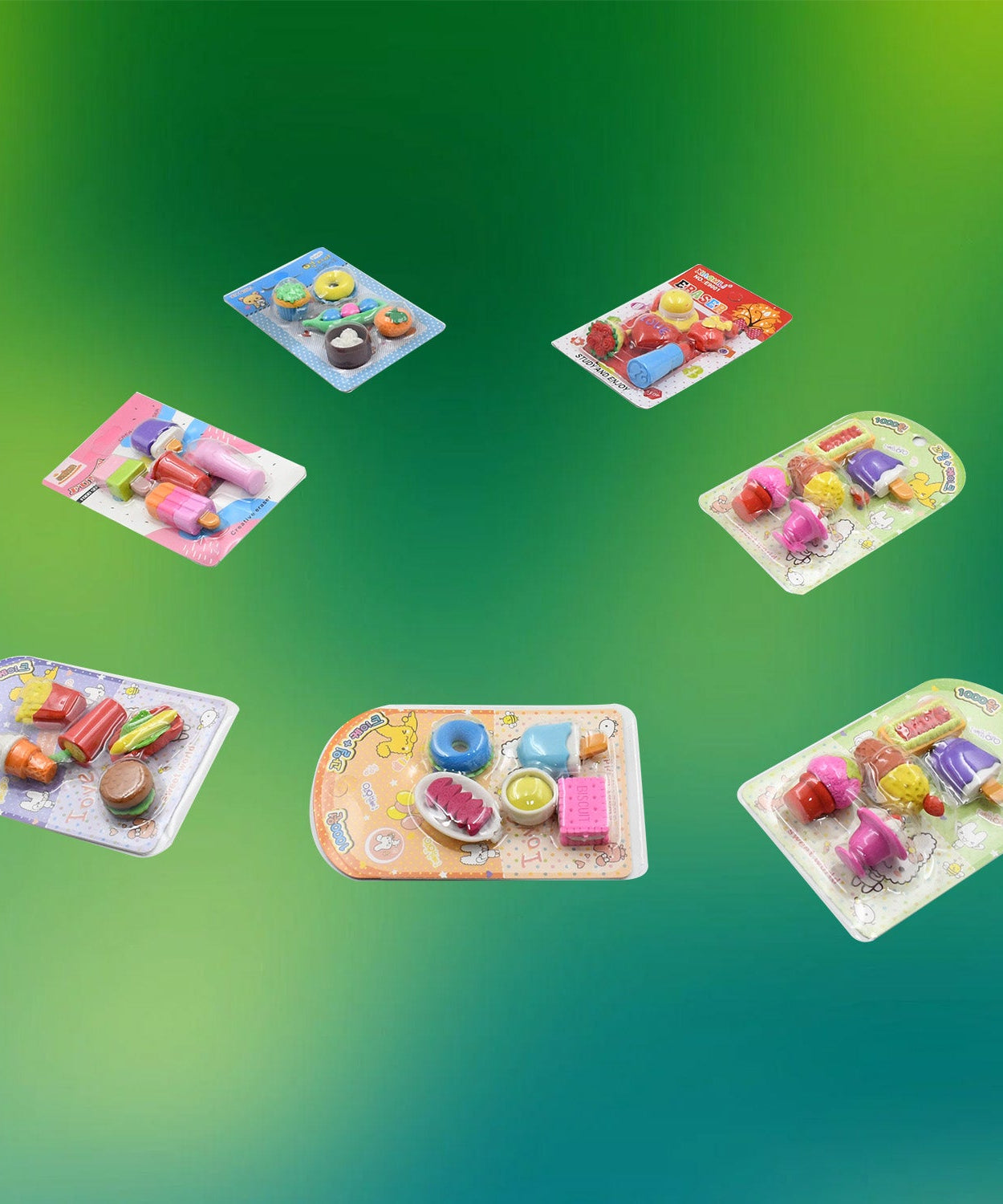 Fancy erasers set for kids, different designs and colors.
