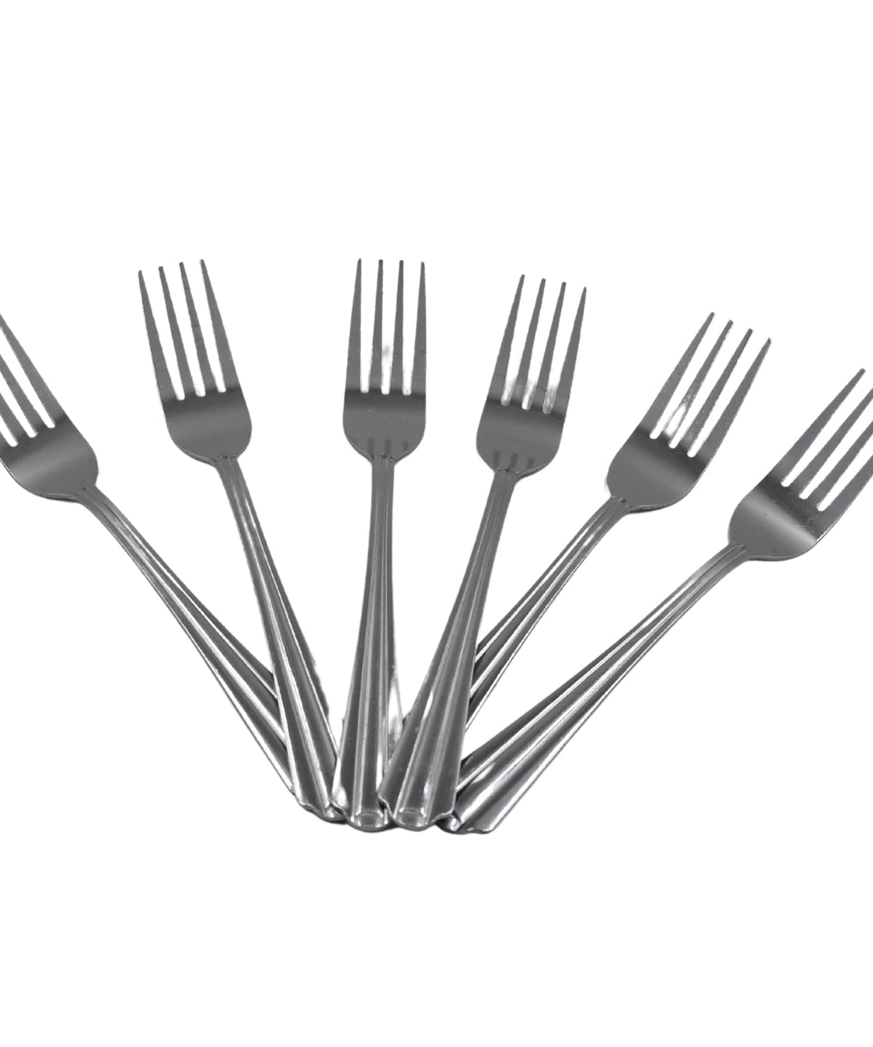 Six steel forks, premium set for home and kitchen, high-quality construction.