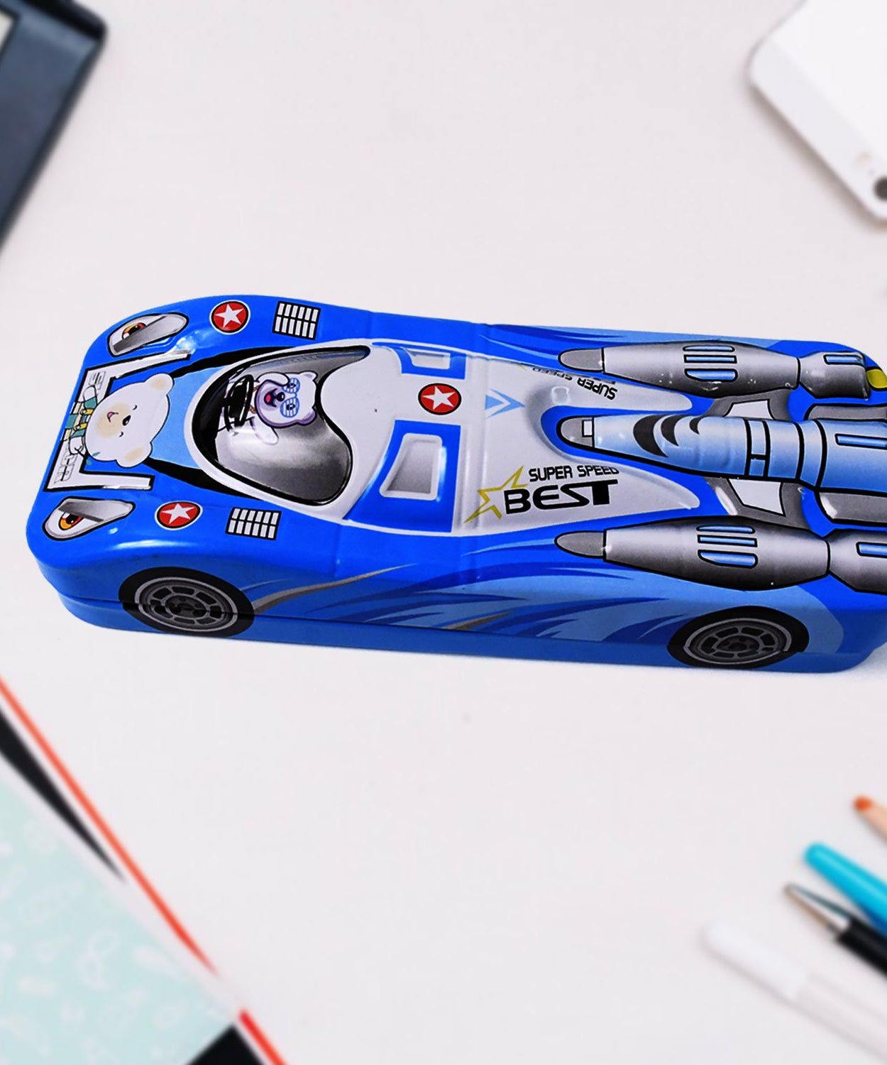 Car Shape Metal Compass Box, Pencil Case for Kids Stationery Compass Box