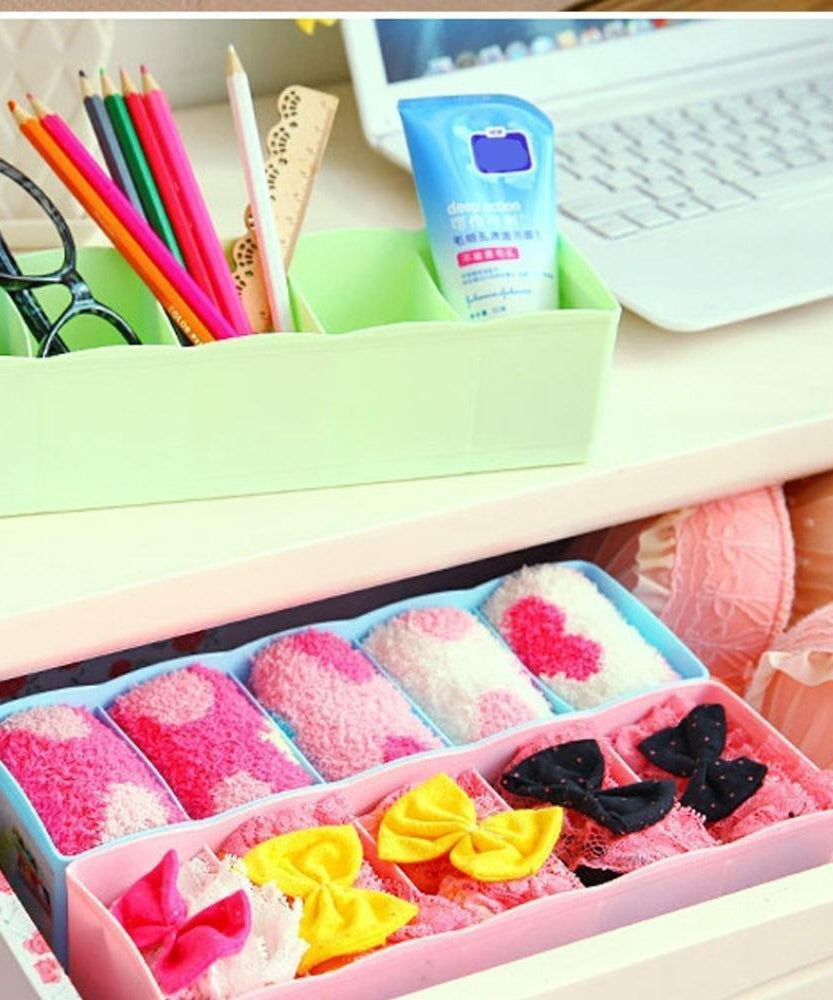 Pack of 2 storage boxes for organizing socks and undergarments with 5 compartments each.