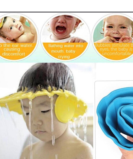 Baby shower cap with adjustable size for comfort.