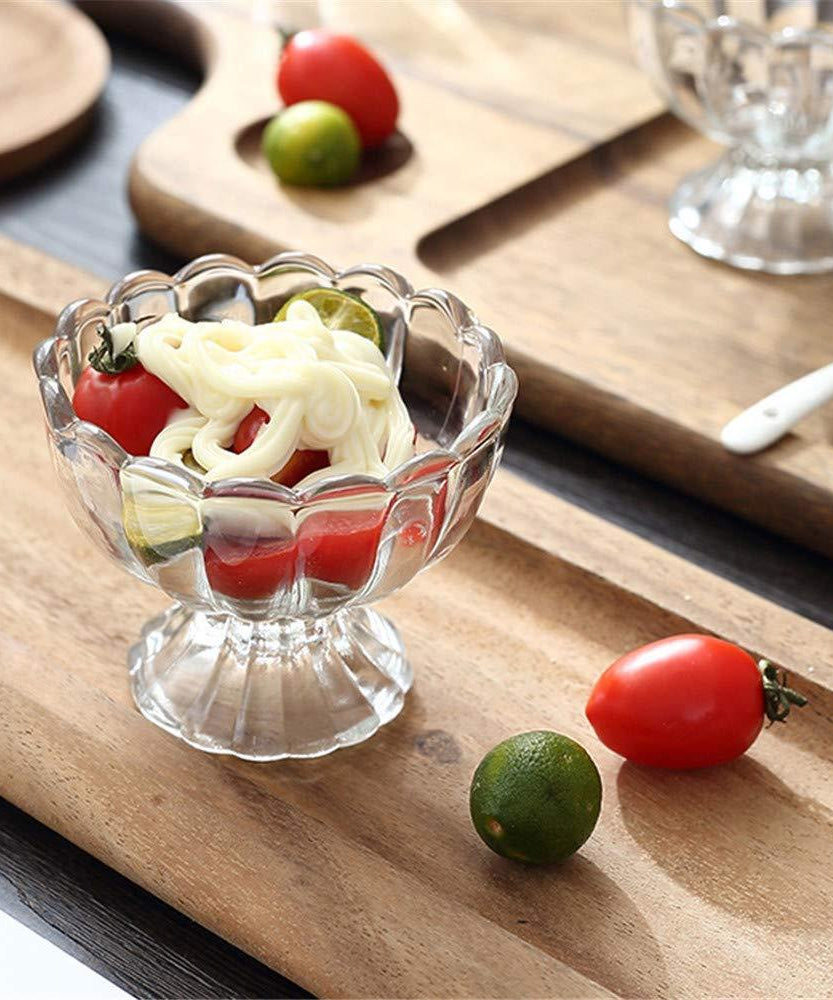 Set of 6 clear dessert bowls for serving ice cream, salad, and fruits.