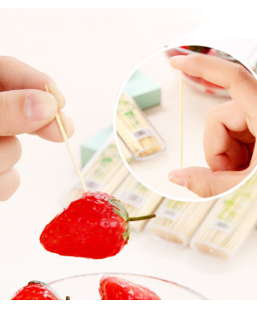 Compact bamboo toothpicks with easy dispenser.