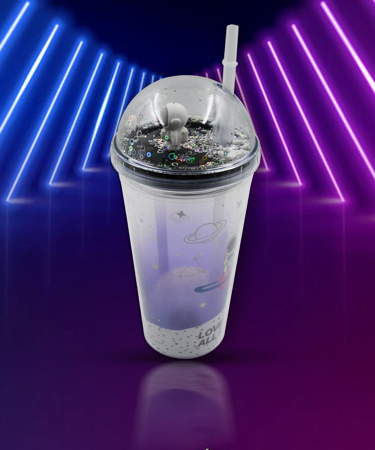 Space-themed insulated tumbler with LED light, straw included