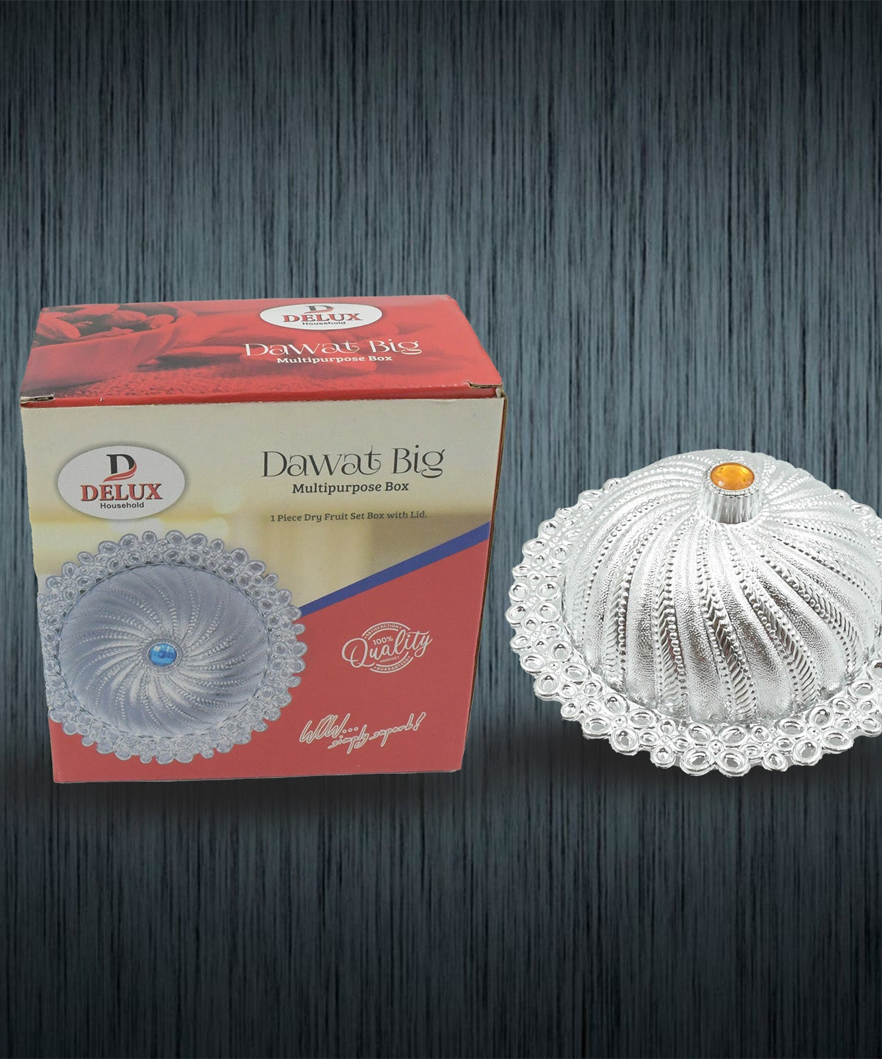 Dry fruit box with decorative design and lid