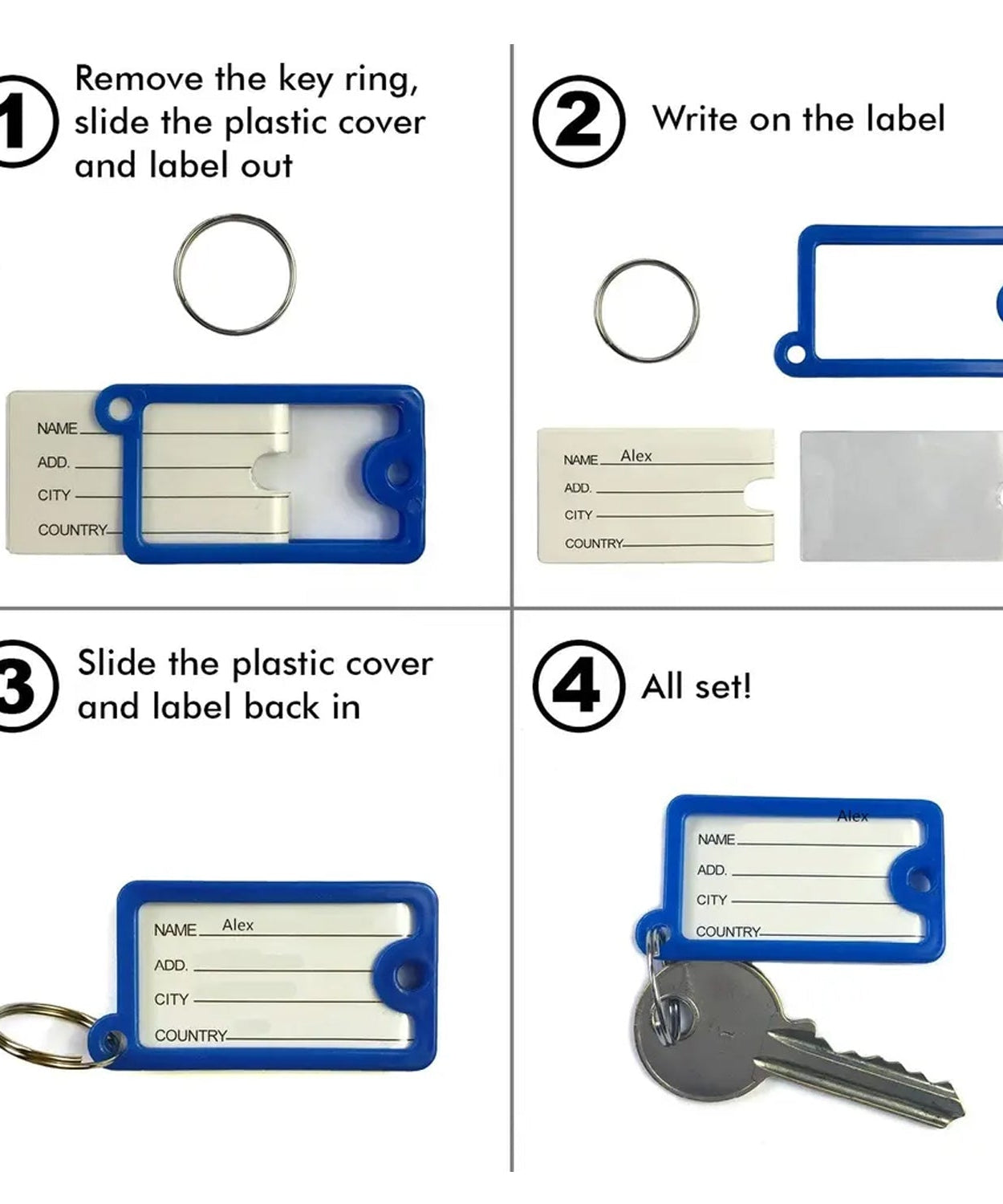 Plastic keychain set with 10 numbered key tags, includes ring tags and backpack keychain.