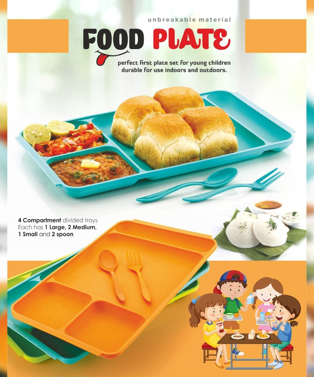 4-compartment plastic dish set with spoon and fork for dining