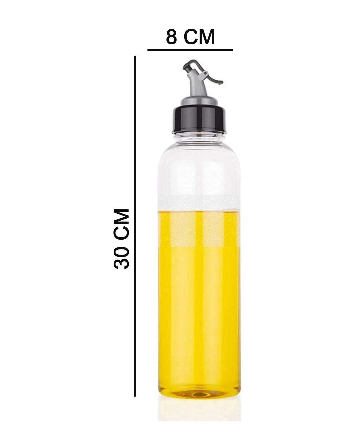 Plastic oil dispenser with a 1-liter capacity and a secure lid for easy use.