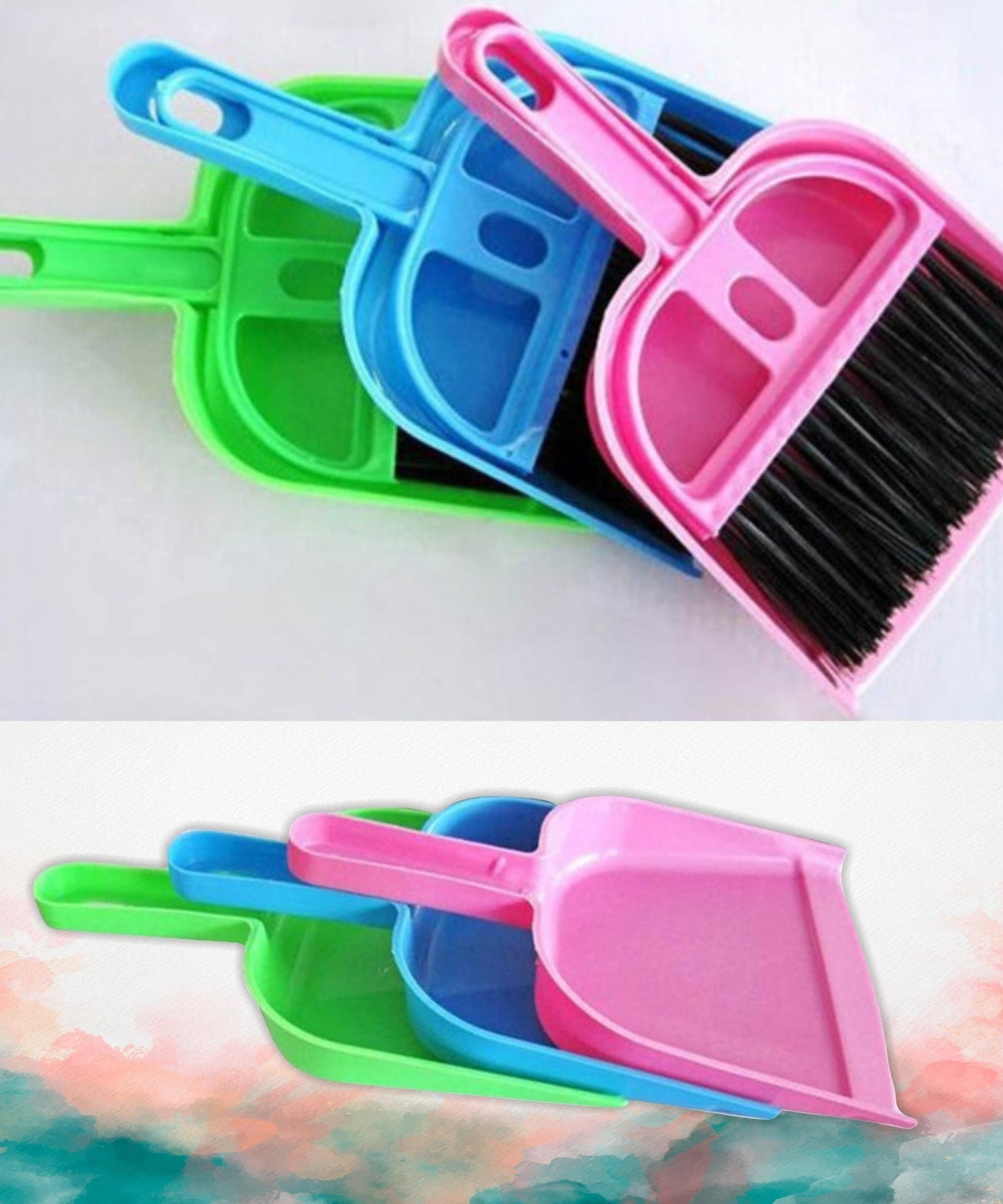 Lightweight dustpan with small broom for easy cleaning.