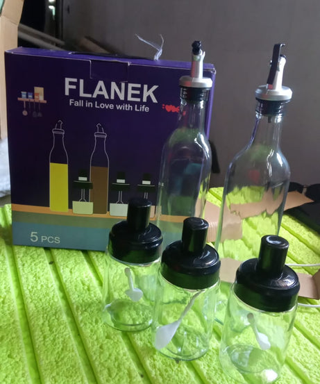 Transparent Glass Oil Dispenser 500 ML Bottle Set of 2, Spice Jar 250 ML Set of 3, Oil Bottle for Kitchen, Oil & Vinegar Storage Glass Bottle, Glass Container for Spice, Masala (5 Pcs Set)