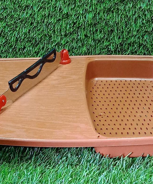 Sturdy chopping board with holder for kitchen use.