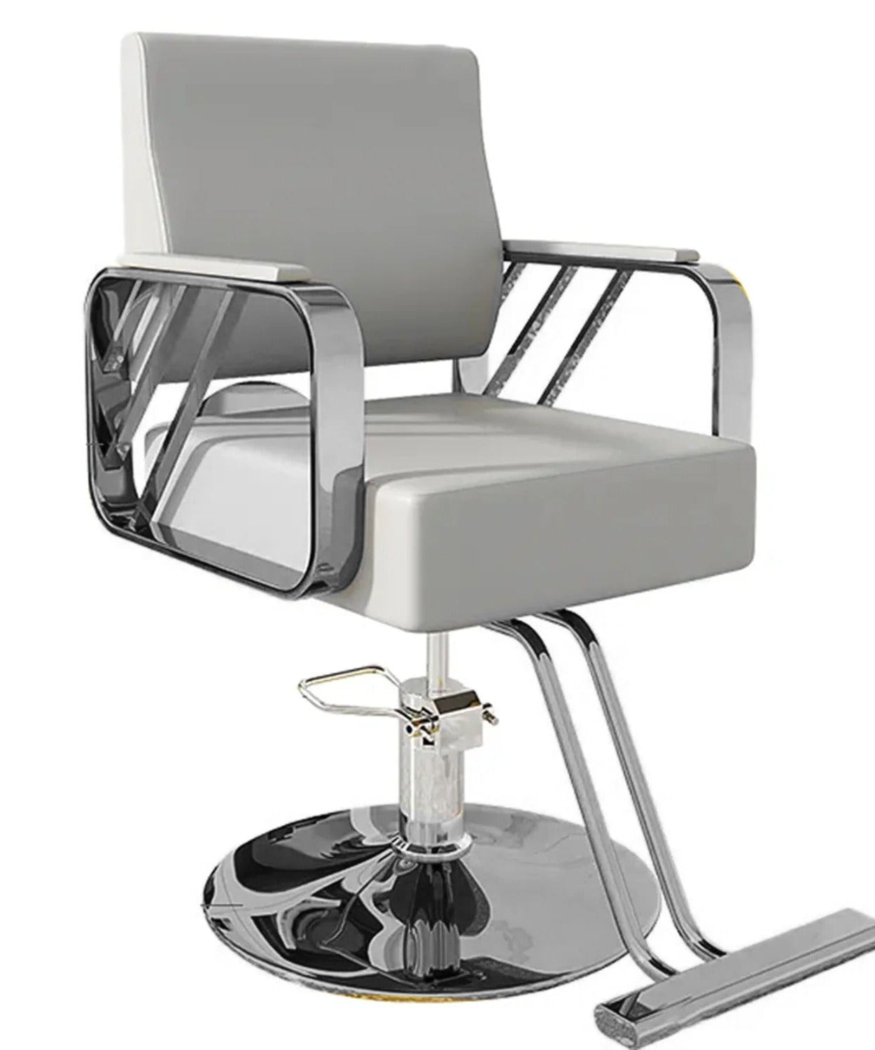 Silver barber chair with hydraulic lift.