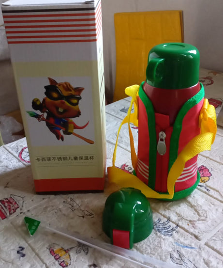 Premium Stainless Steel Insulated Sipper Bottle Print Water FlaskCartoon Vacuum Hot Cold For Kids / Travelling Water Bottle for Kids with  up Straw,  Double Wall Thermos with Straw & Bottle Zippe Cover For office/Gym/School (550 ML)