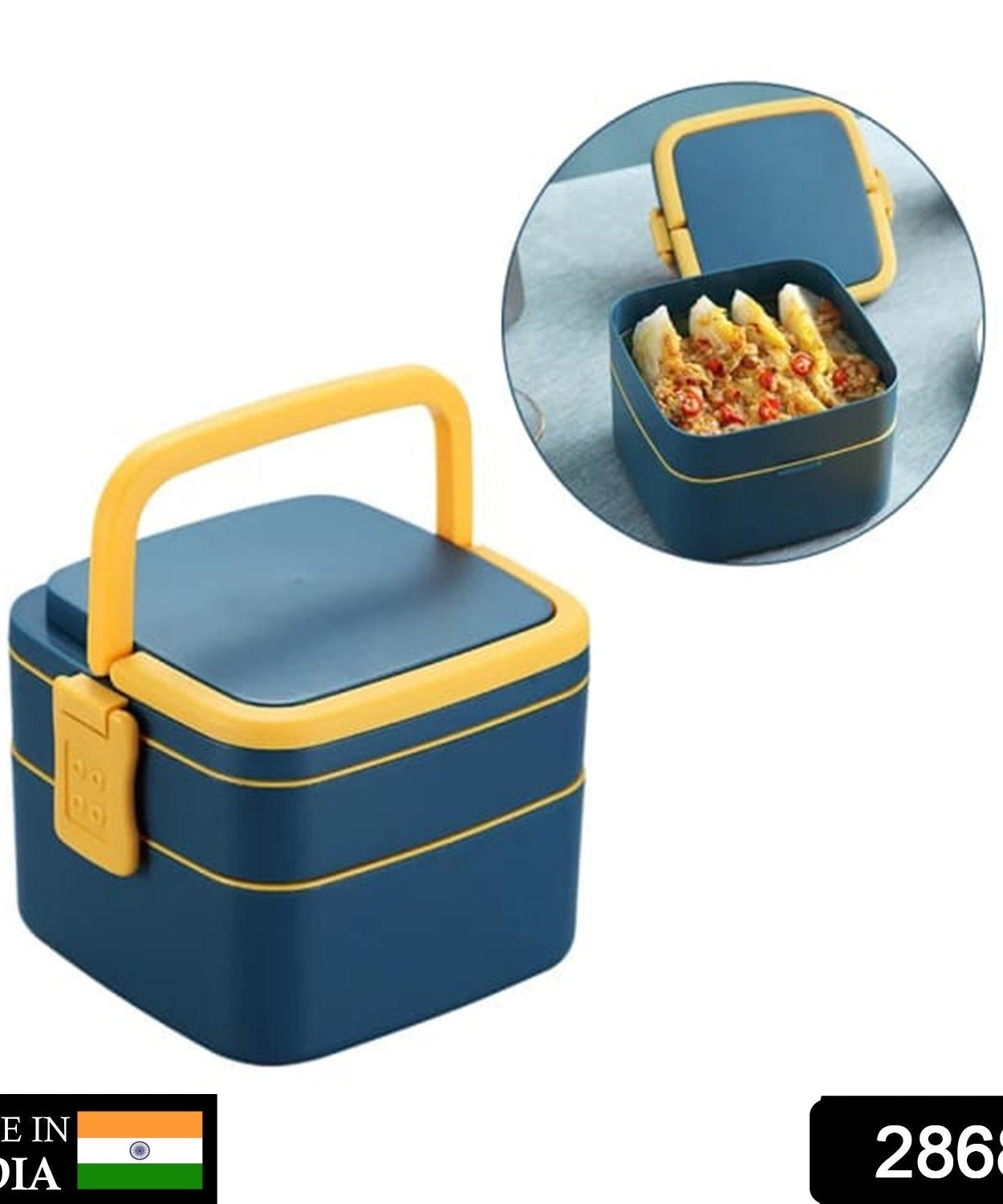 Stackable blue lunch box with carrying handle and spoon
