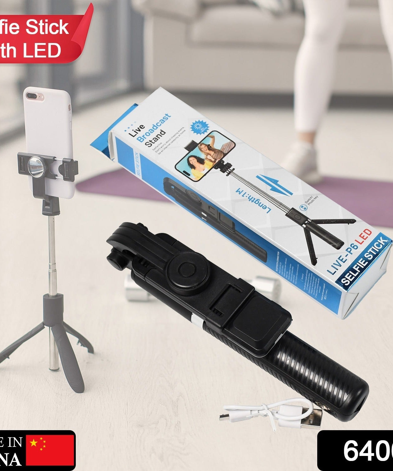 Selfie stick with phone holder and built-in Bluetooth remote