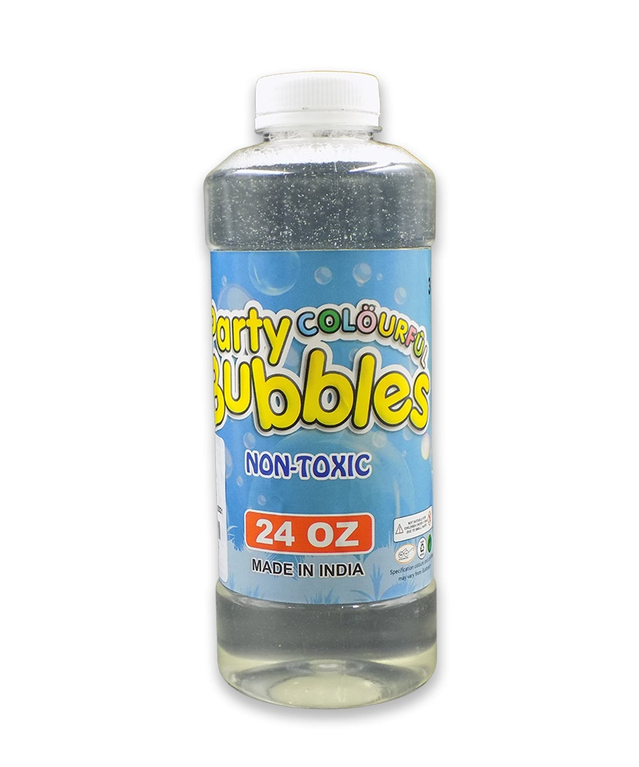 Person holding bubble gun liquid refill bottle with a blue cap