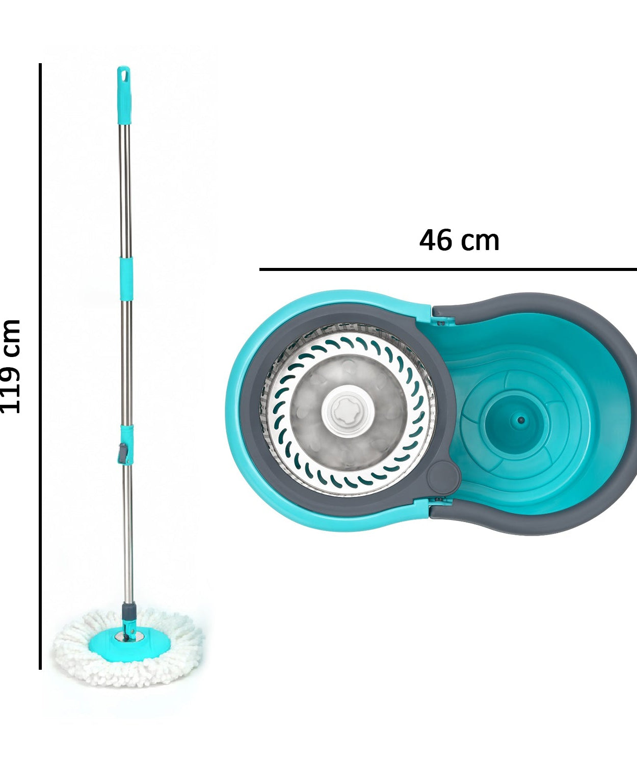 Spin mop with steel spin and easy wheels for floor cleaning.