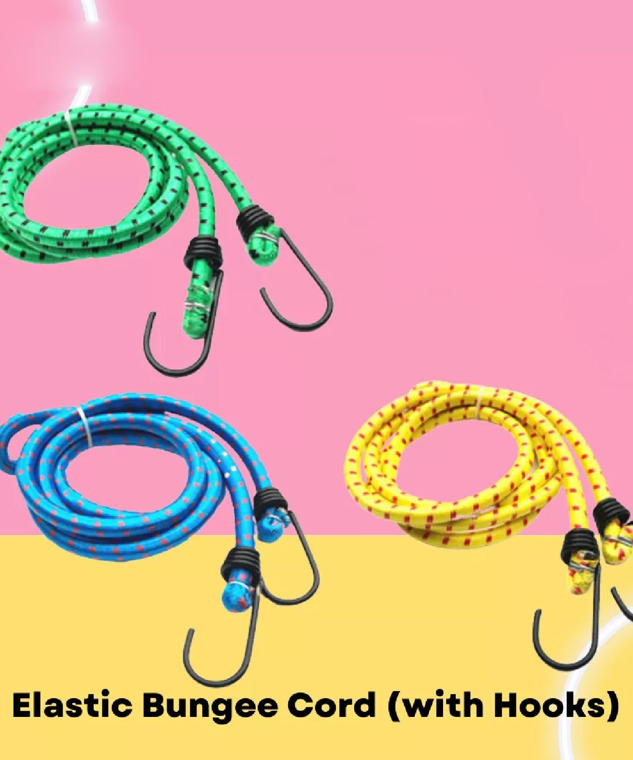Versatile bungee cord with hooks for tying and securing items.