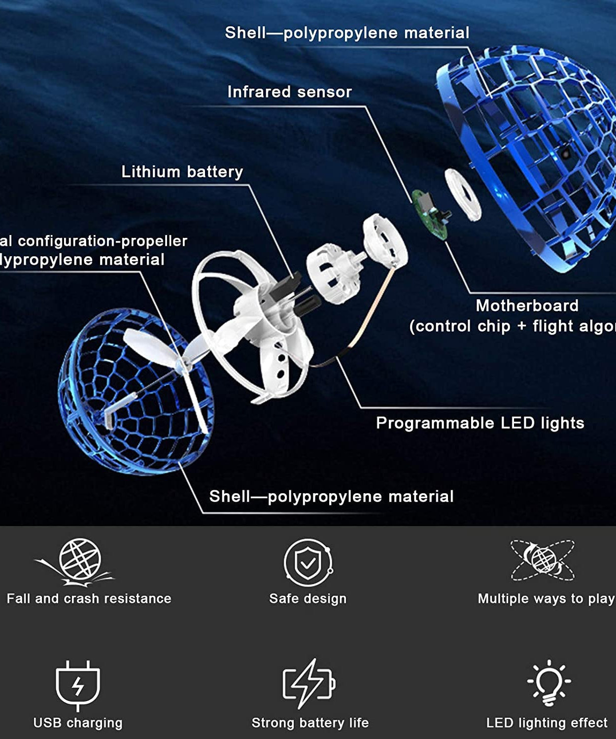 Rotating magic controller flying ball toy, USB rechargeable with RGB lights.