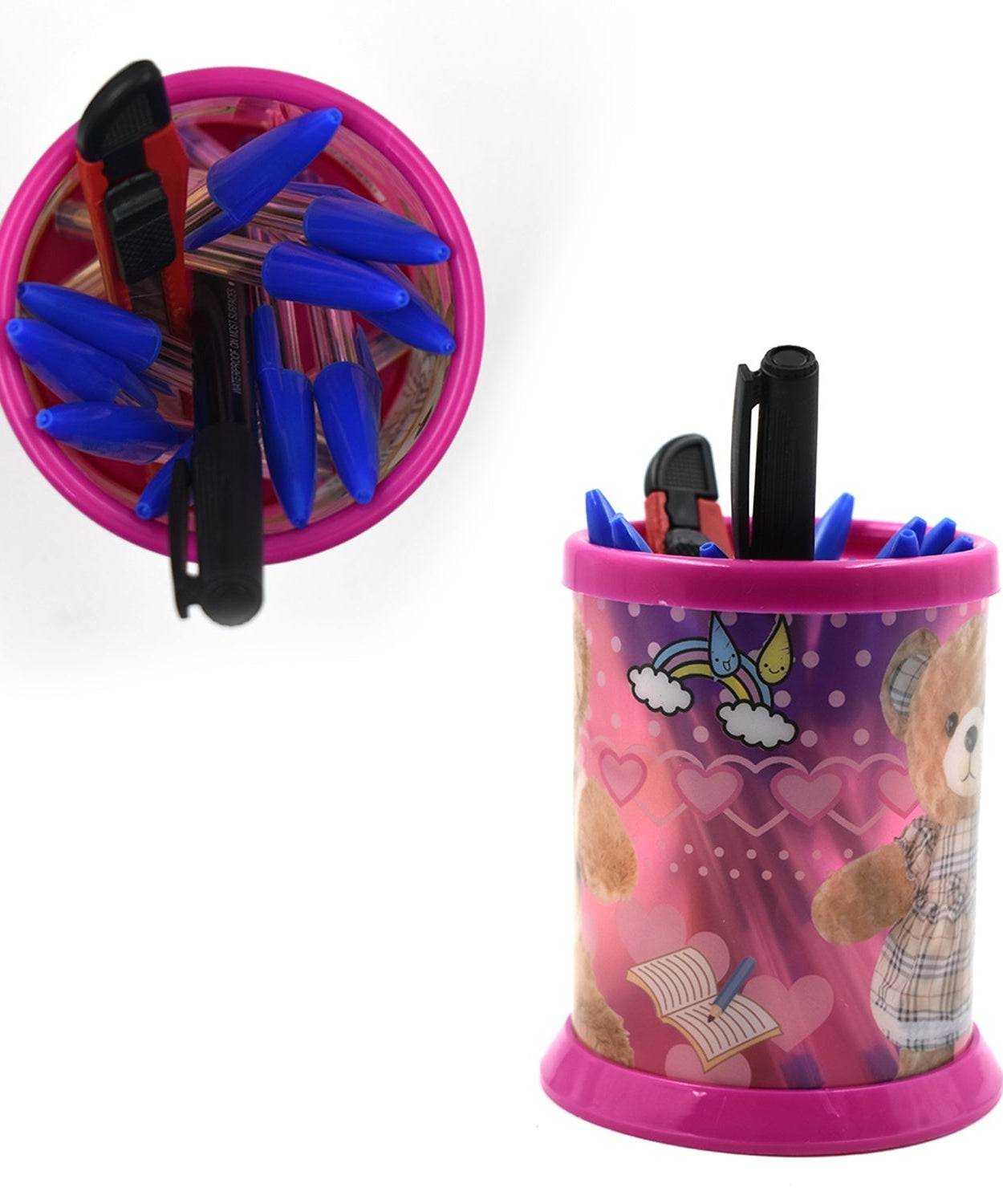 Set of stick ballpoint pens with colorful designs and a stand for kids.