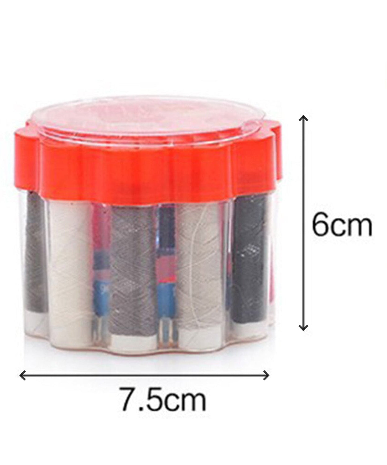 Sewing box featuring an assortment of threads and sewing accessories for home use.