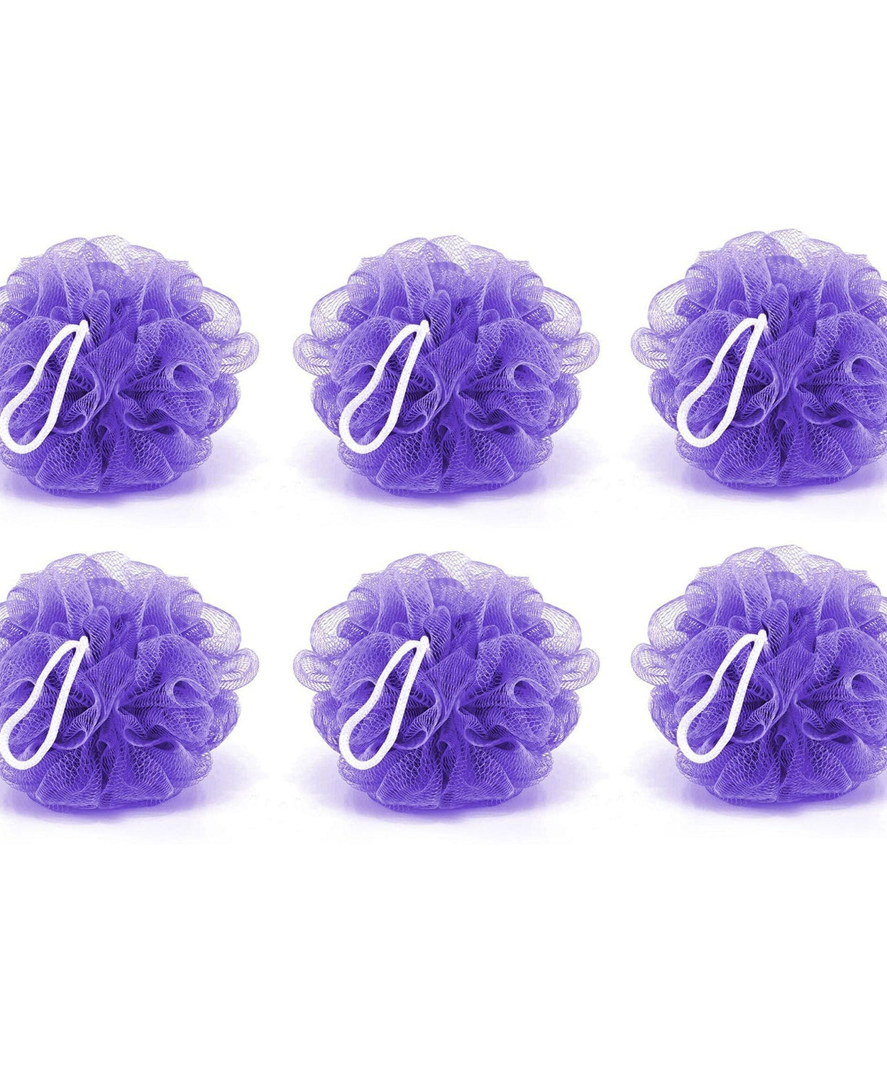 Pack of 6 bath loofah sponges for body scrubbing, soft and effective.