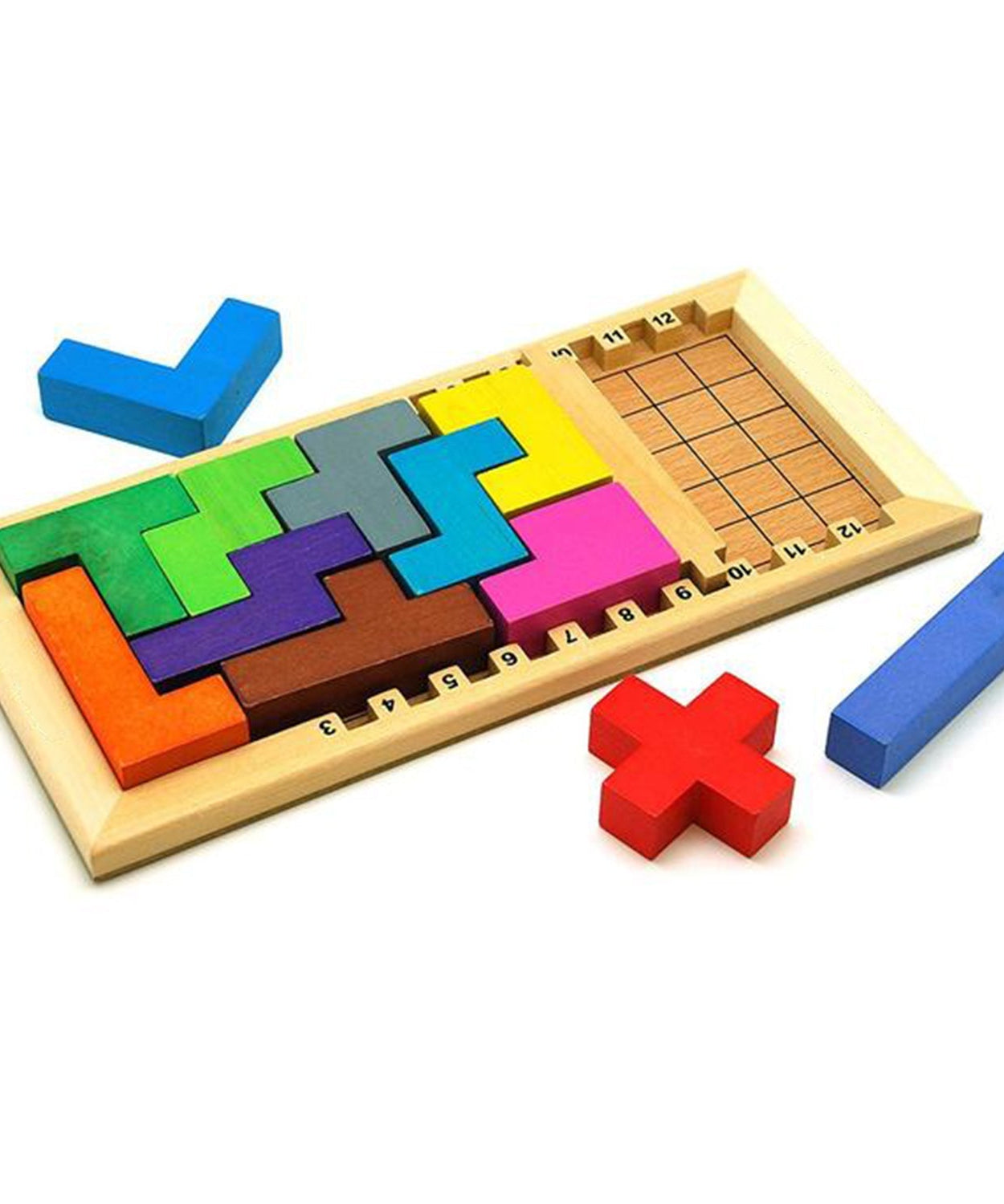 Wooden mind game with various pieces and layout for educational entertainment.