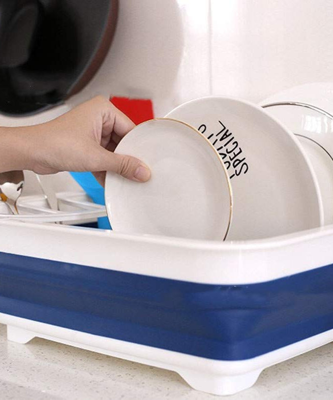 Silicone dish drying rack with utensil storage, collapsible design