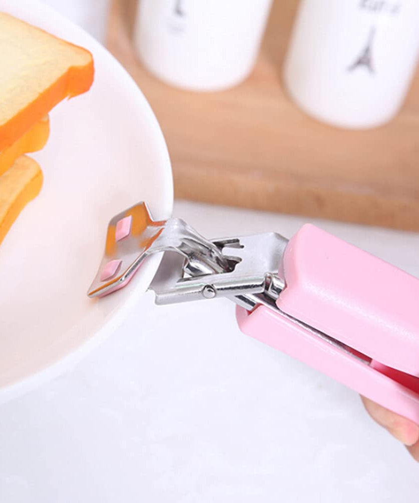 Kitchen dish grippers and tongs, made of stainless steel for handling hot plates.
