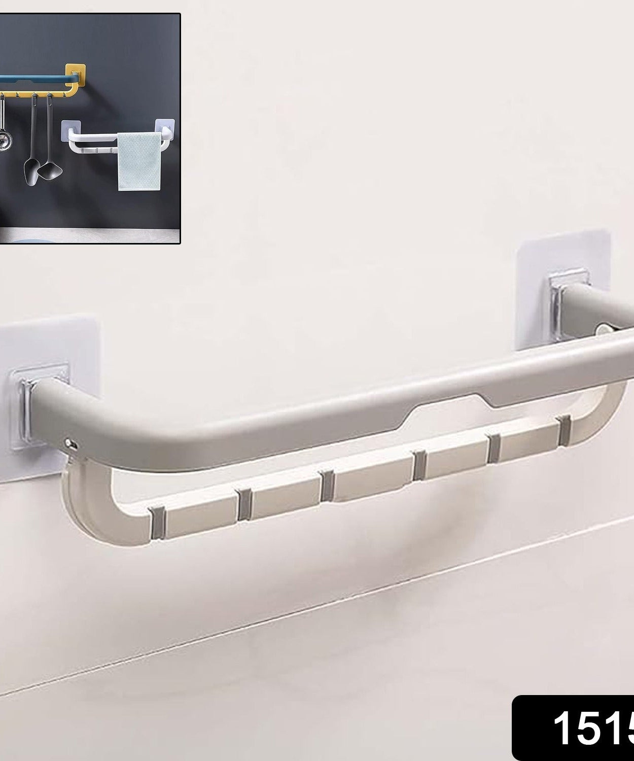 Wall-Mounted Double Bar Towel Holder with Hooks & Adjustable Folding Shelf