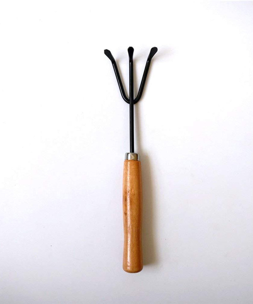 Handheld steel cultivator for gardening.