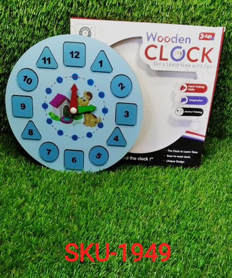 Wooden clock with movable hands for time-telling practice.