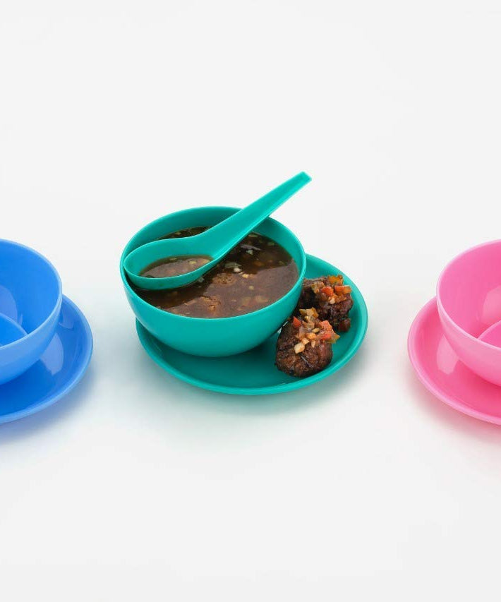 bowl, spoon, and dish from the snack set.