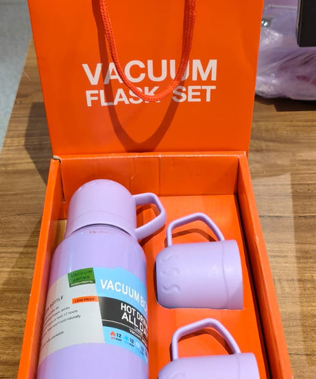 Purple Vacuum Flask Set – Stainless Steel Thermos with 3 Cups, Approx 500ml